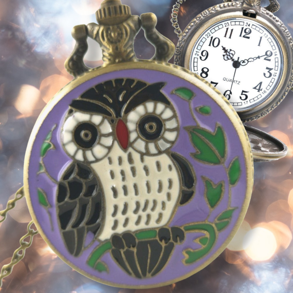 Owl Watch Pendant NEW Purple Enamel Metal Pocket Watch Necklace